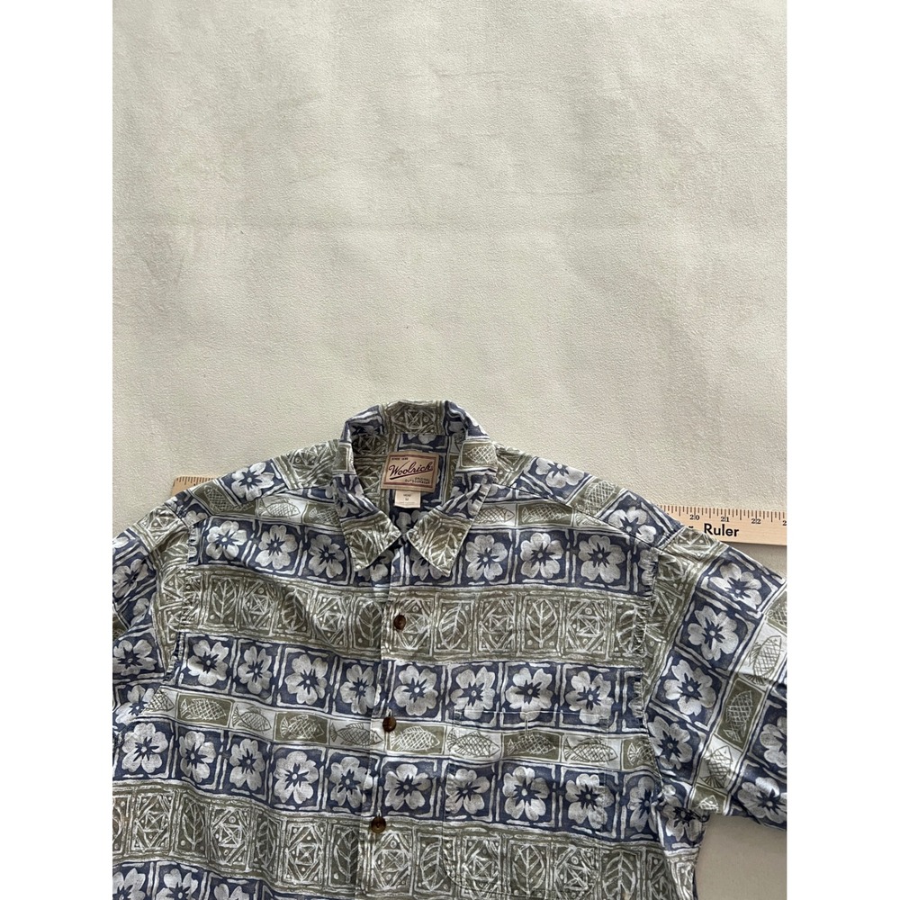 Woolrich Mens Blue Olive Cotton Block Print Floral Fish Short Sleeve Shirt M - Picture 5 of 10
